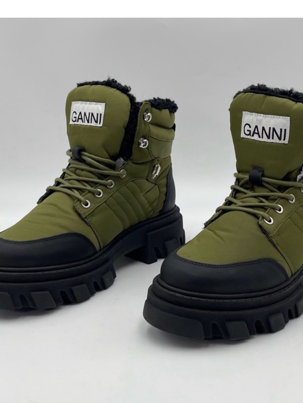 Brand New Ganni Olive and Black Chunky Lace-Up Platform Boots Size 42